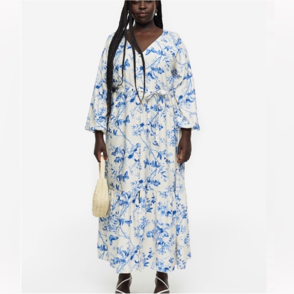 Blue and cream botanical belted midi dress